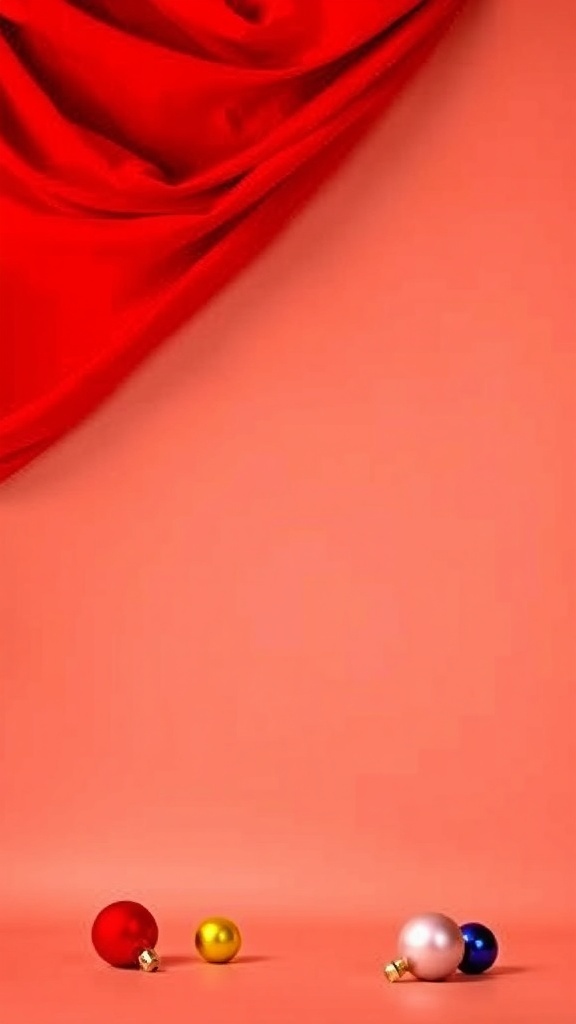 A plain red fabric backdrop for Christmas decorations, with soft lighting and ornaments in front.